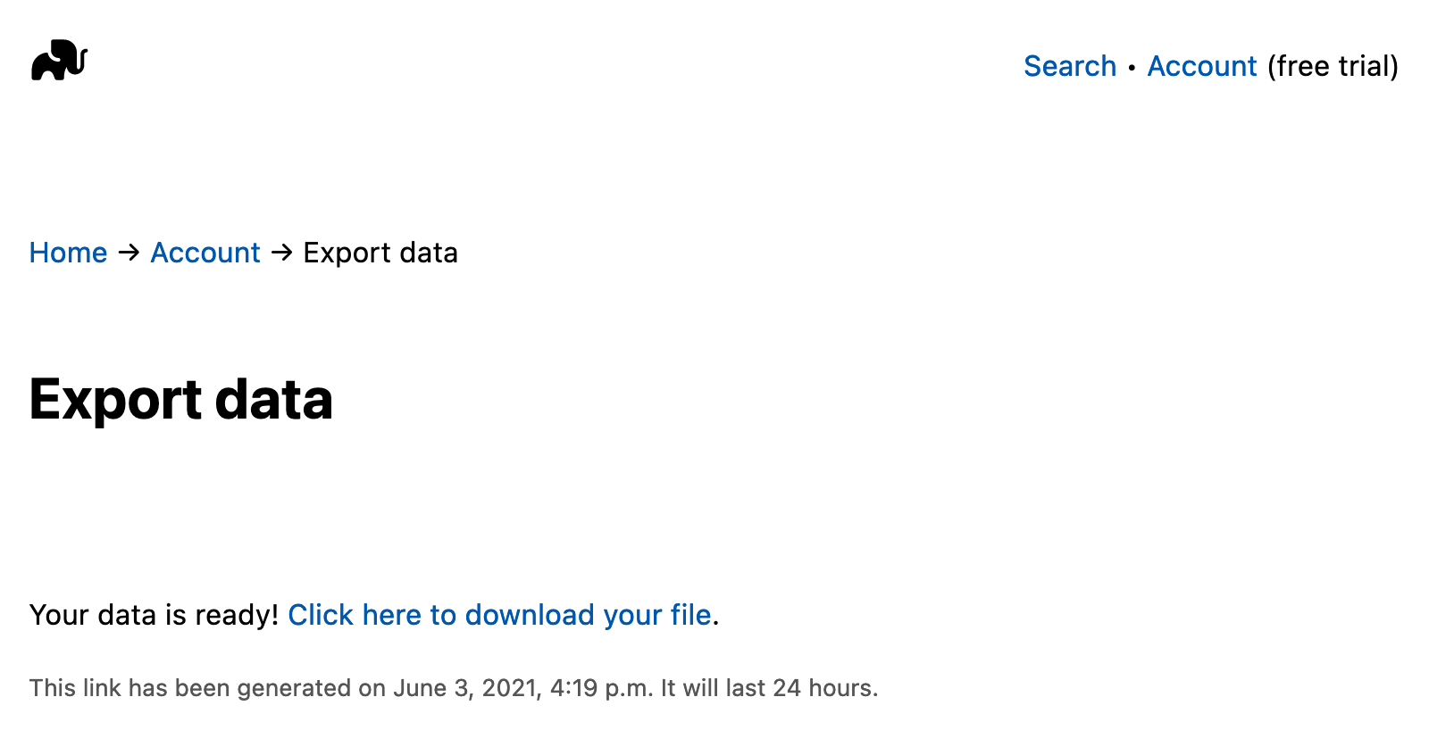 Screenshot of LessWiki export page. The text says 'Your data is ready! Click here to download your file. This link has been generated on June 3, 2021. It will last 24 jours.'