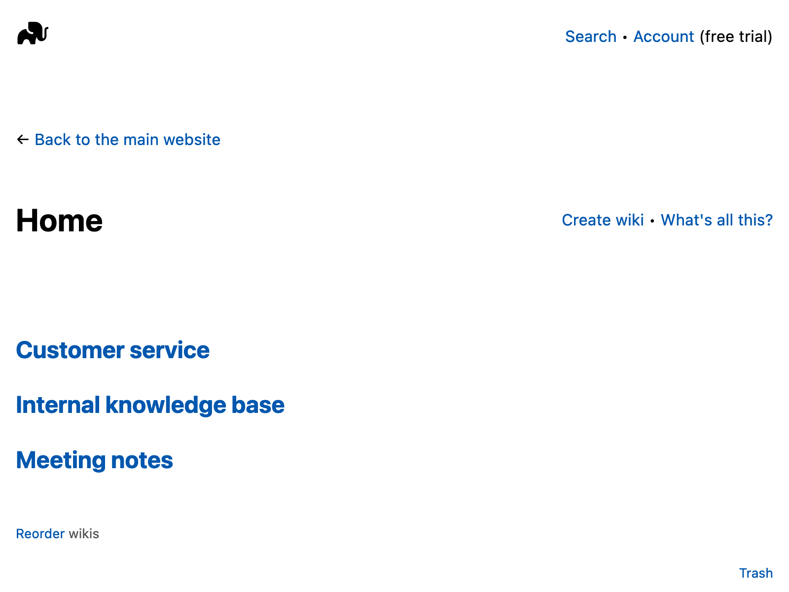 Screenshot of LessWiki home page. Title: 'Home'. The three wikis are presented in bold: 'Customer service', 'Internal knowledge base', 'Meeting notes'