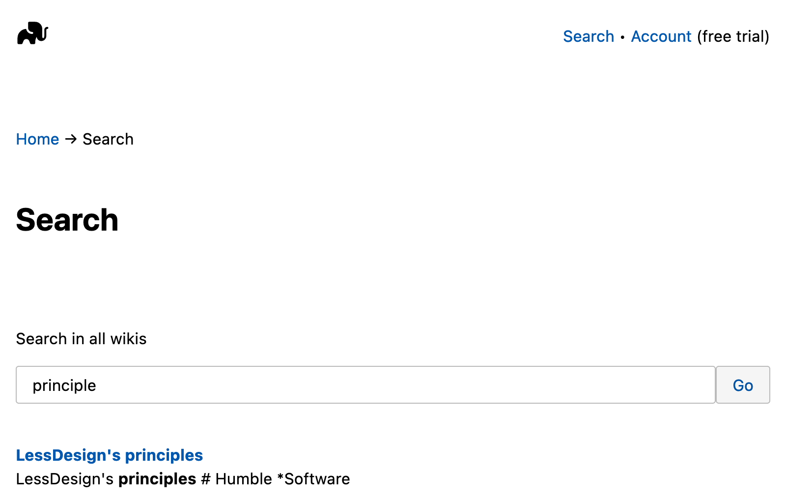 Screenshot of LessWiki search page. One field with the label 'Search in all wikis' and a 'Go' button. One search result links to the page: 'LessDesigns principles'.